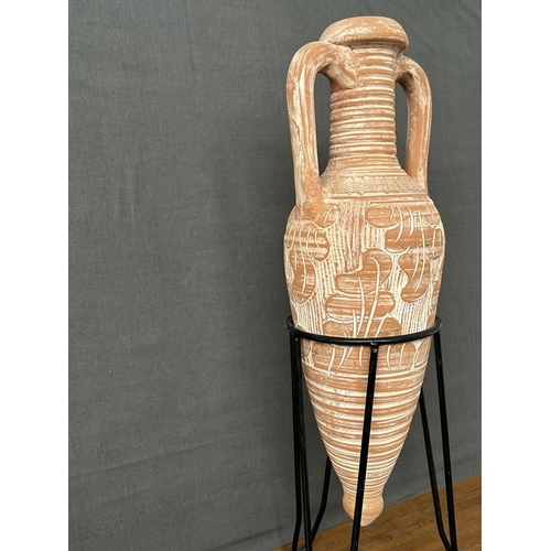 125 - Large Terracotta Twin Handles Urn Amphora on Wrought Metal Stand (75cm H. Incl. Stand)