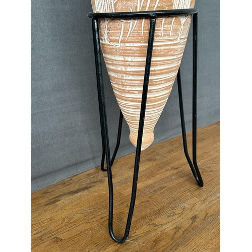 125 - Large Terracotta Twin Handles Urn Amphora on Wrought Metal Stand (75cm H. Incl. Stand)