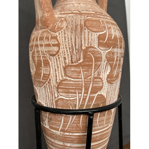 125 - Large Terracotta Twin Handles Urn Amphora on Wrought Metal Stand (75cm H. Incl. Stand)