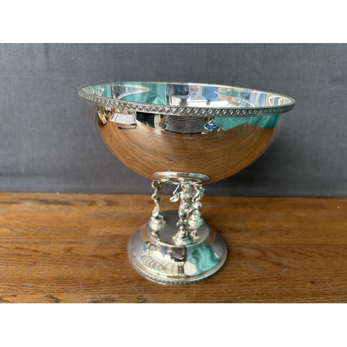 191 - Italian Silver Plated Center Piece Bowl Sitting on 3-Cherub Figures (30cm H., 20cm Diameter)