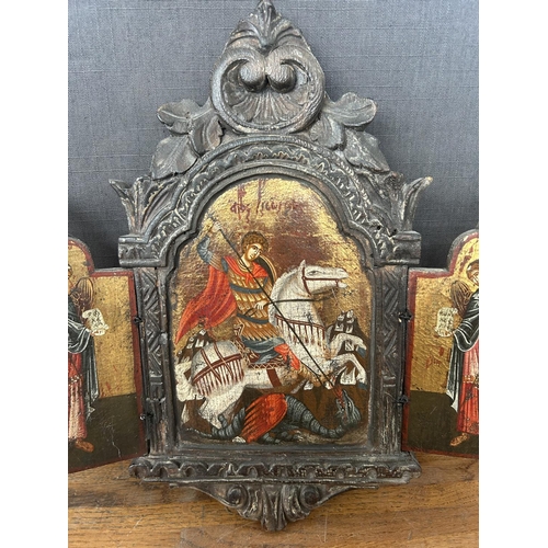 189 - Antique Mid-19th Century 3-Fold Icon of St George with Archangels Gabriel and Michael (35cm H.)