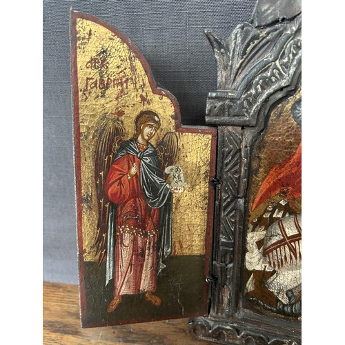 189 - Antique Mid-19th Century 3-Fold Icon of St George with Archangels Gabriel and Michael (35cm H.)