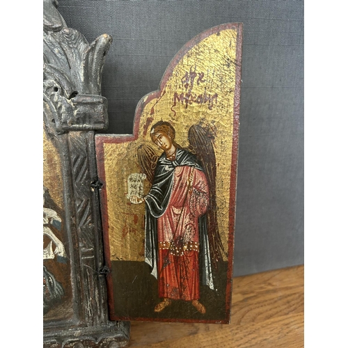 189 - Antique Mid-19th Century 3-Fold Icon of St George with Archangels Gabriel and Michael (35cm H.)