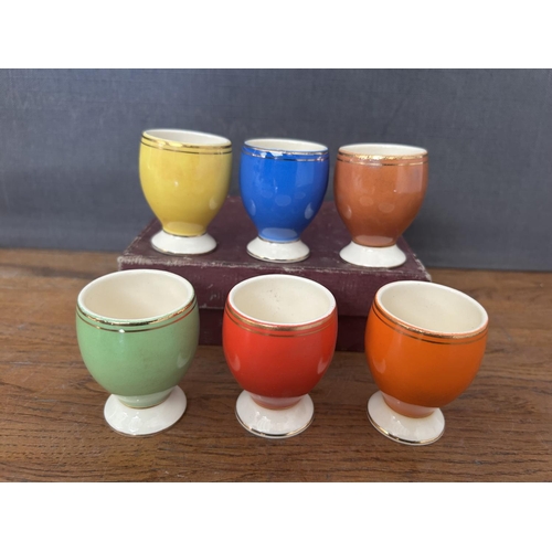 218 - Vintage 1960's Faianta Sighisoara Harlequin Egg Cup Set Made in Romania