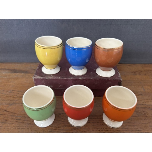 218 - Vintage 1960's Faianta Sighisoara Harlequin Egg Cup Set Made in Romania