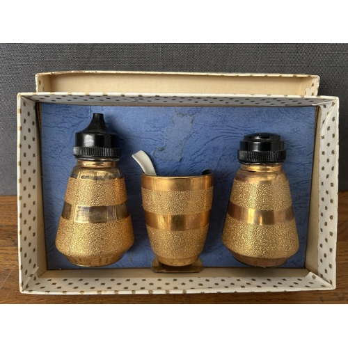 379 - Vintage 1950's  Gold Etched Glass Cruet Set