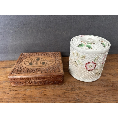 410 - Antique Ceramic Pot with Roses Together with Vintage Carved Wood Trinket Box