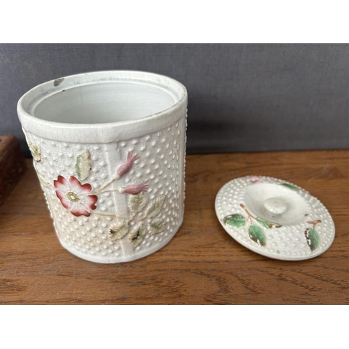 410 - Antique Ceramic Pot with Roses Together with Vintage Carved Wood Trinket Box