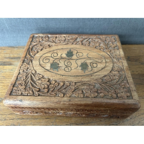 410 - Antique Ceramic Pot with Roses Together with Vintage Carved Wood Trinket Box