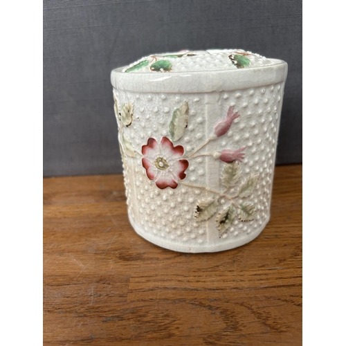 410 - Antique Ceramic Pot with Roses Together with Vintage Carved Wood Trinket Box