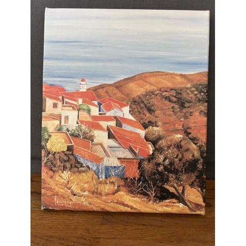 162 - Canvas Copy of Painting Depicting of 'Vouni' Village Cyprus, Signed (24 x 30cm)