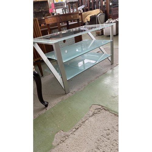 167 - Modern TV Stand with Metal Frame Tempered Glass Shelves and Cable Management at the Back (100 W. x 5... 