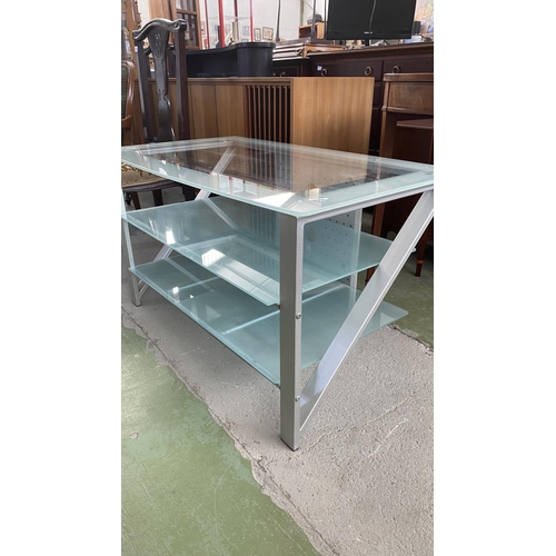167 - Modern TV Stand with Metal Frame Tempered Glass Shelves and Cable Management at the Back (100 W. x 5... 