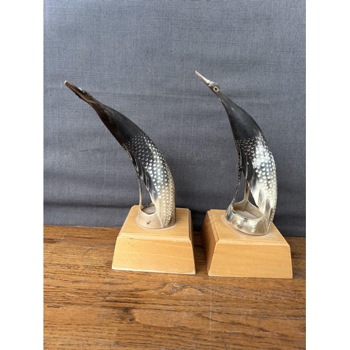392 - x2 Traditional African Hand Carved Crane Bird Sculptures on Wooden Base