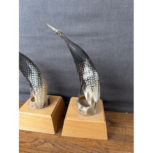 392 - x2 Traditional African Hand Carved Crane Bird Sculptures on Wooden Base