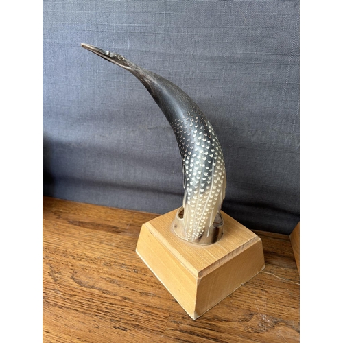 392 - x2 Traditional African Hand Carved Crane Bird Sculptures on Wooden Base