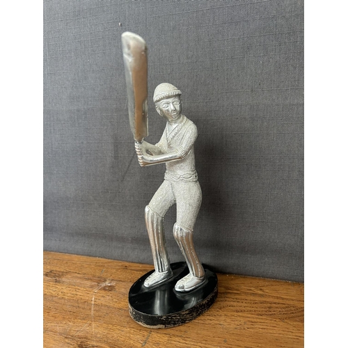 393 - Solid Metal Statuette of Cricketer/Batsman Figure on Wooden Base