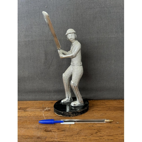 393 - Solid Metal Statuette of Cricketer/Batsman Figure on Wooden Base