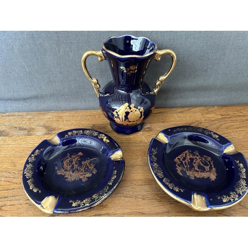 394 - Limoges Castel France Gold Edged Small Porcelain Vase and x2 Ashtrays