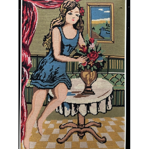 396 - Vintage Needlework Artwork Depiction of Female Figure Tapestry (56 x 80cm)