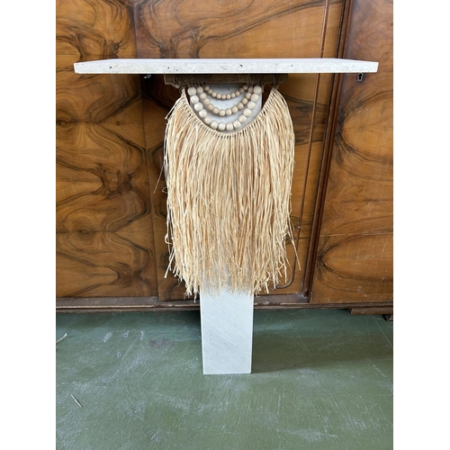 124 - Marble with Stone Top Custom Made Podium/Display Stand Decorated with Straw Skirt and a Beaded Neckl... 