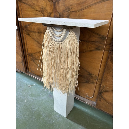 124 - Marble with Stone Top Custom Made Podium/Display Stand Decorated with Straw Skirt and a Beaded Neckl... 