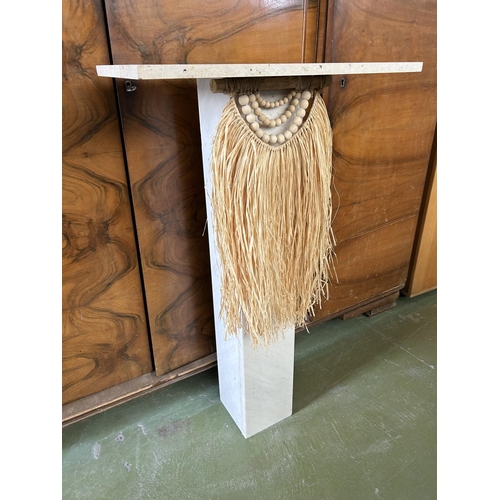 124 - Marble with Stone Top Custom Made Podium/Display Stand Decorated with Straw Skirt and a Beaded Neckl... 
