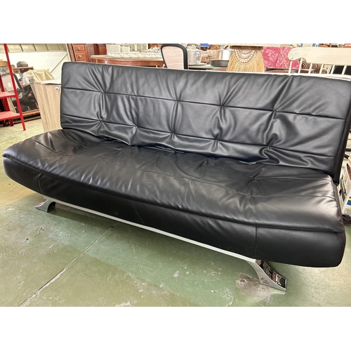 134 - Black Soft Leather 3-Seat Sofa-Bed