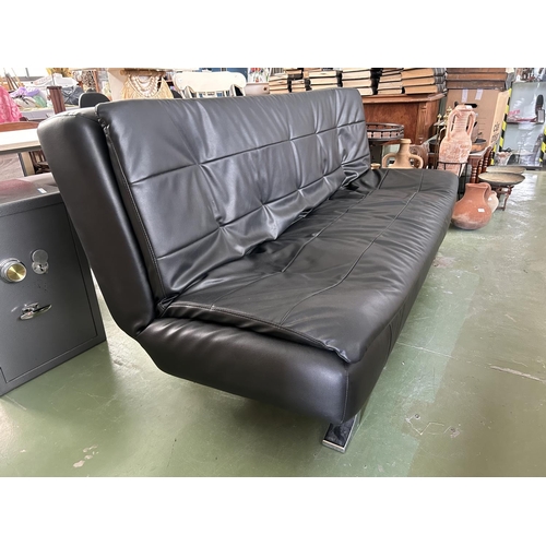 134 - Black Soft Leather 3-Seat Sofa-Bed