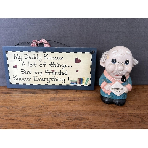 139 - Retirement Fund Piggy Bank and Novelty Granddad Plaque