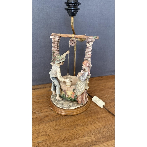 117 - Capodimonte Style Resin Romantic Couple at Wishing Well Table Lamp on Wooden Base (46cm H.) No Shade