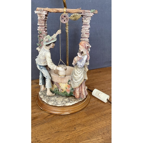 117 - Capodimonte Style Resin Romantic Couple at Wishing Well Table Lamp on Wooden Base (46cm H.) No Shade