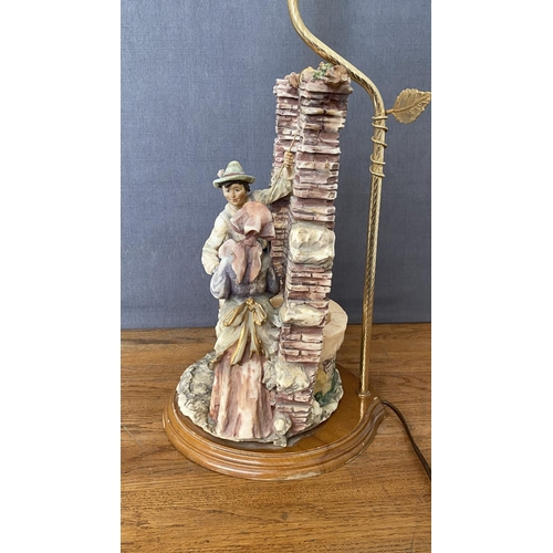 117 - Capodimonte Style Resin Romantic Couple at Wishing Well Table Lamp on Wooden Base (46cm H.) No Shade