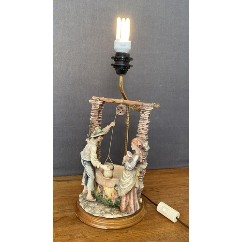 117 - Capodimonte Style Resin Romantic Couple at Wishing Well Table Lamp on Wooden Base (46cm H.) No Shade