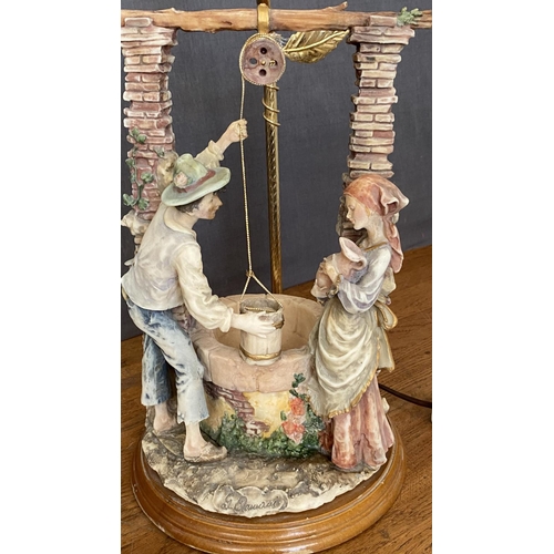 117 - Capodimonte Style Resin Romantic Couple at Wishing Well Table Lamp on Wooden Base (46cm H.) No Shade
