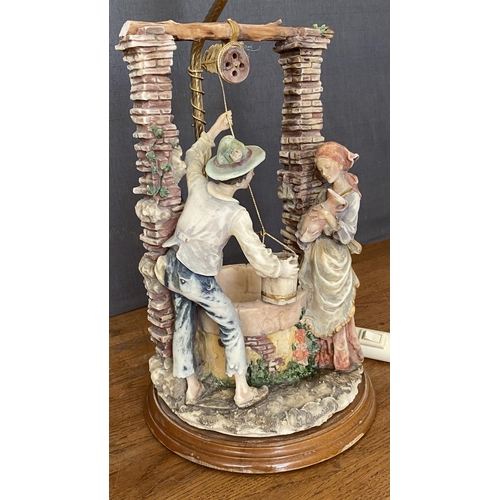 117 - Capodimonte Style Resin Romantic Couple at Wishing Well Table Lamp on Wooden Base (46cm H.) No Shade