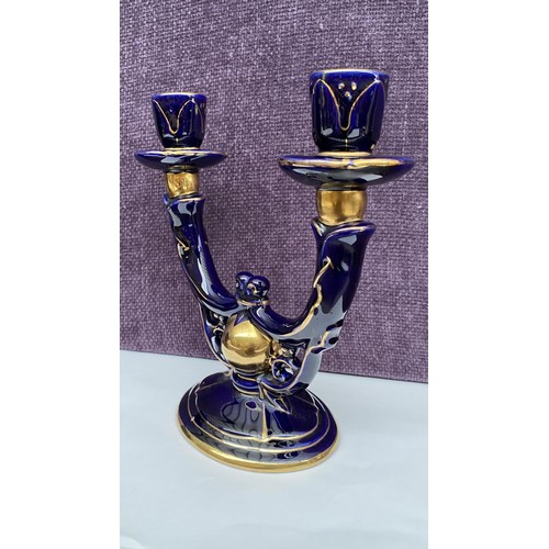 203 - Vintage Cobalt Blue and Gold Porcelain Candelabra Signed at the Bottom Italy 2901 (As Is - See Pictu... 