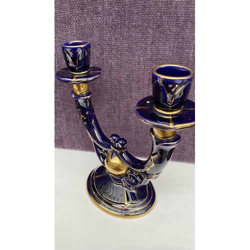 203 - Vintage Cobalt Blue and Gold Porcelain Candelabra Signed at the Bottom Italy 2901 (As Is - See Pictu... 