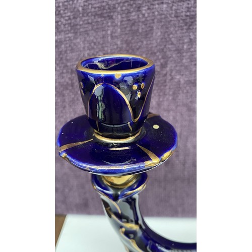 203 - Vintage Cobalt Blue and Gold Porcelain Candelabra Signed at the Bottom Italy 2901 (As Is - See Pictu... 