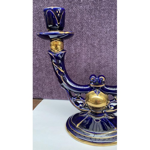 203 - Vintage Cobalt Blue and Gold Porcelain Candelabra Signed at the Bottom Italy 2901 (As Is - See Pictu... 