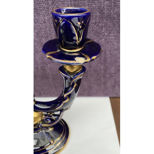 203 - Vintage Cobalt Blue and Gold Porcelain Candelabra Signed at the Bottom Italy 2901 (As Is - See Pictu... 