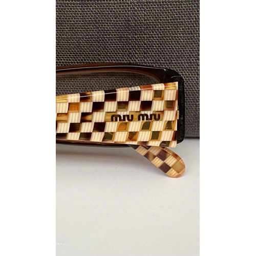132 - Pair of Miu-Miu Prescription Eyeglasses with Brown Frame and Checkered Temples