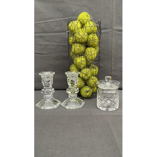 133 - x2 Royal Doulton Candle Sticks Together with Sugar Bowl and Basket Full of Beaded Pear Baubles, Chri... 