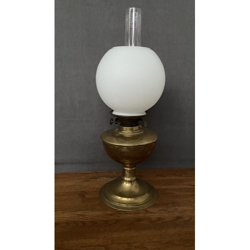 135 - Antique Victorian Brass Duplex Oil Lamp with a White Glass Shade and Clear Glass Chimney