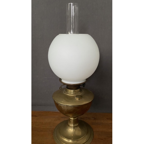 135 - Antique Victorian Brass Duplex Oil Lamp with a White Glass Shade and Clear Glass Chimney