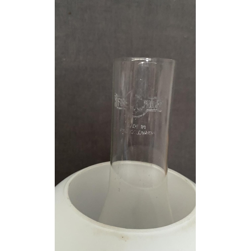 135 - Antique Victorian Brass Duplex Oil Lamp with a White Glass Shade and Clear Glass Chimney