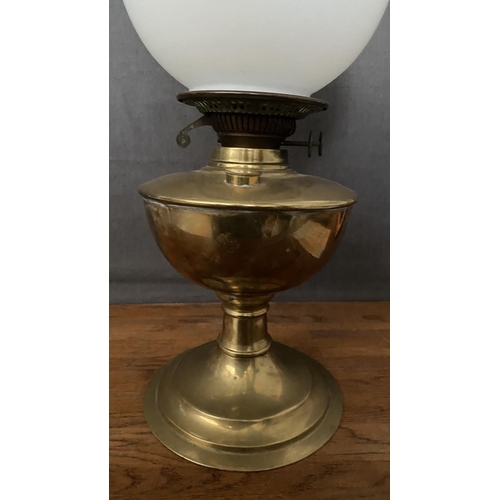 135 - Antique Victorian Brass Duplex Oil Lamp with a White Glass Shade and Clear Glass Chimney