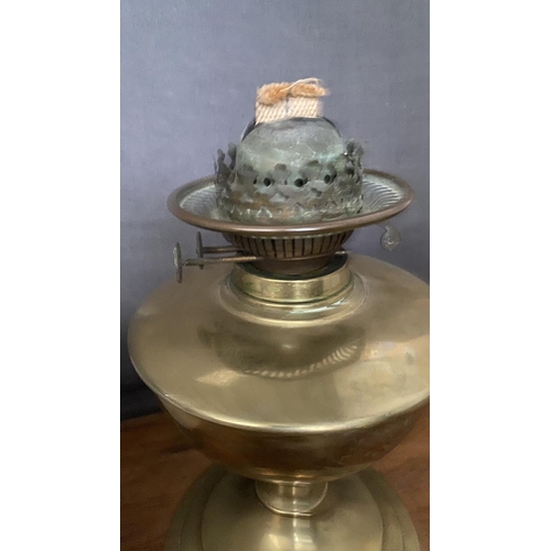 135 - Antique Victorian Brass Duplex Oil Lamp with a White Glass Shade and Clear Glass Chimney