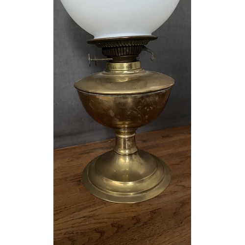 135 - Antique Victorian Brass Duplex Oil Lamp with a White Glass Shade and Clear Glass Chimney