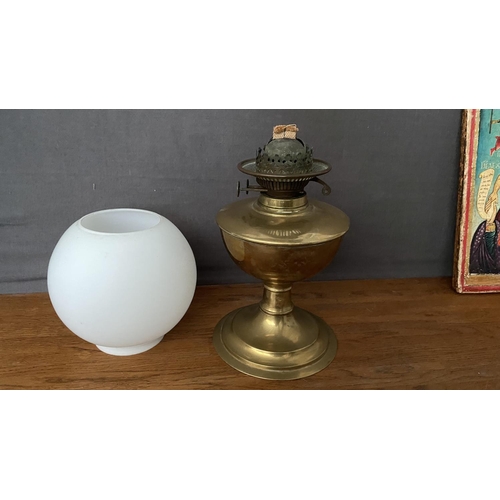 135 - Antique Victorian Brass Duplex Oil Lamp with a White Glass Shade and Clear Glass Chimney